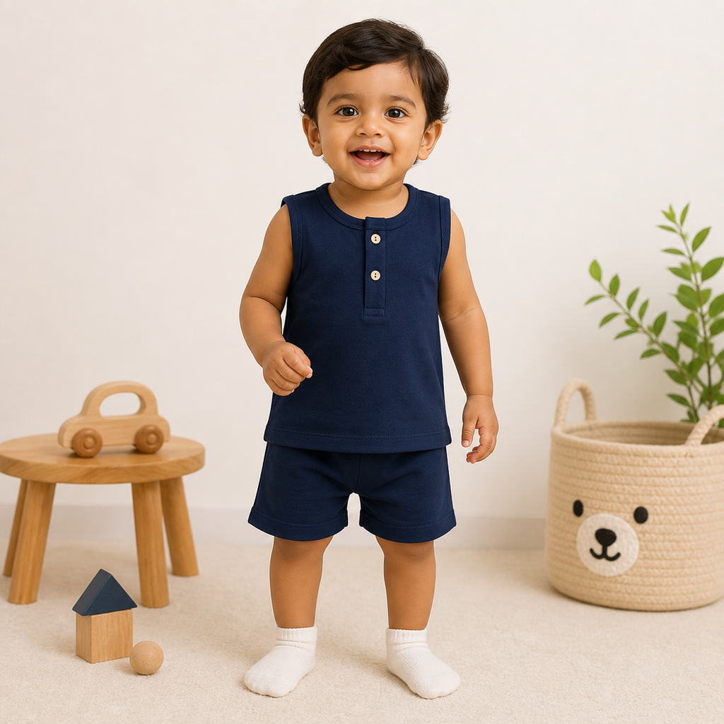 Baby Muslin Co-ord Set – Sleeveless Cotton Muslin Top & Shorts Set (Navy Blue Summer Outfit)