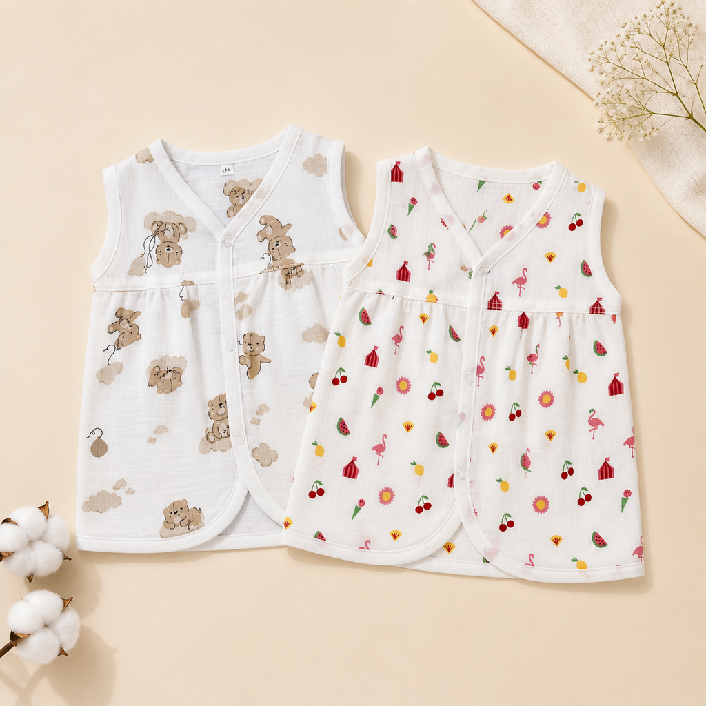 Baby Muslin Frock Set of 2 – Soft Cotton Sleeveless Front Open Dress