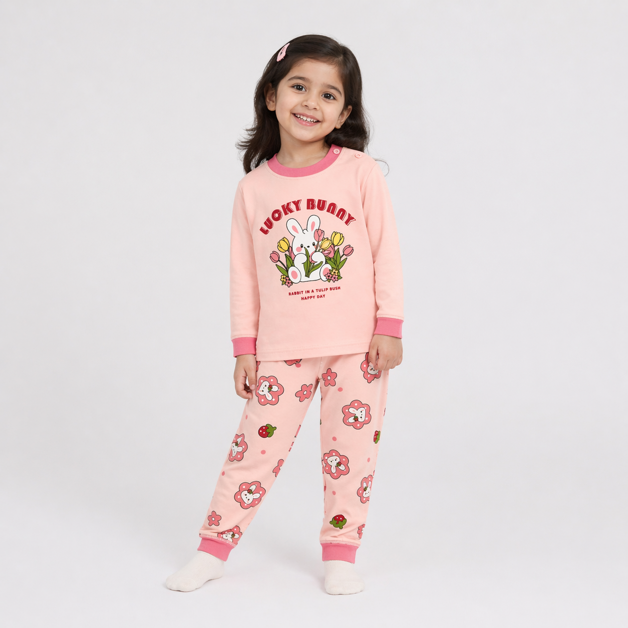 Lucky Bunny Print Baby Co-ord Set – Soft Cotton Full Sleeve T-shirt & Pyjama Set