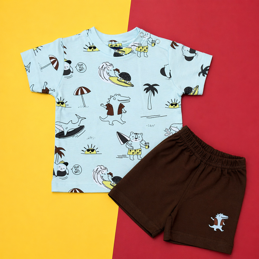 Beach Dino Print Baby Co-ord Set – Soft Cotton Half Sleeve T-shirt & Shorts Set