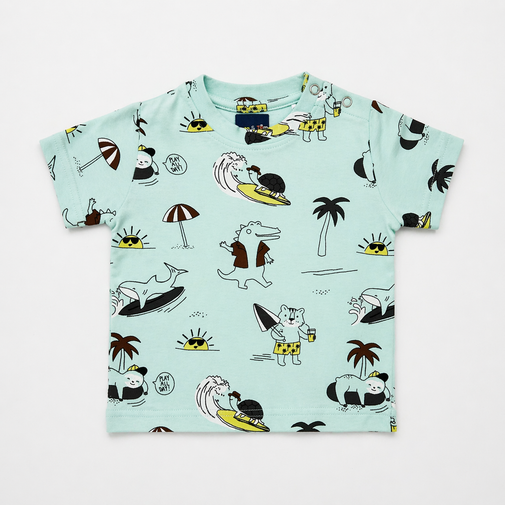 Beach Dino Print Baby Co-ord Set – Soft Cotton Half Sleeve T-shirt & Shorts Set