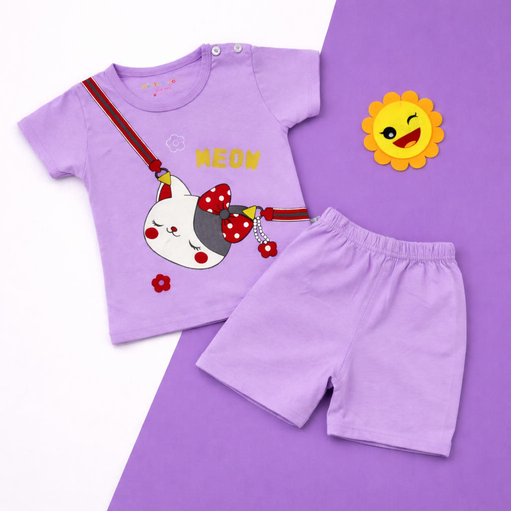 Meow Kitty Print Baby Co-ord Set – Soft Cotton Half Sleeve T-shirt & Shorts Set