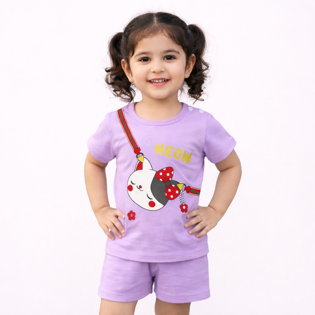 Meow Kitty Print Baby Co-ord Set – Soft Cotton Half Sleeve T-shirt & Shorts Set