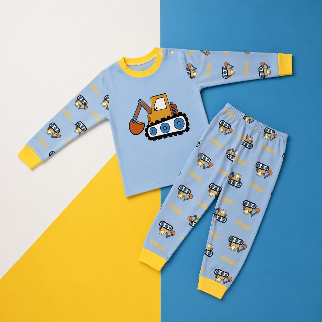Construction Excavator Print Baby Co-ord Set – Soft Cotton Full Sleeve T-shirt & Pyjama Set