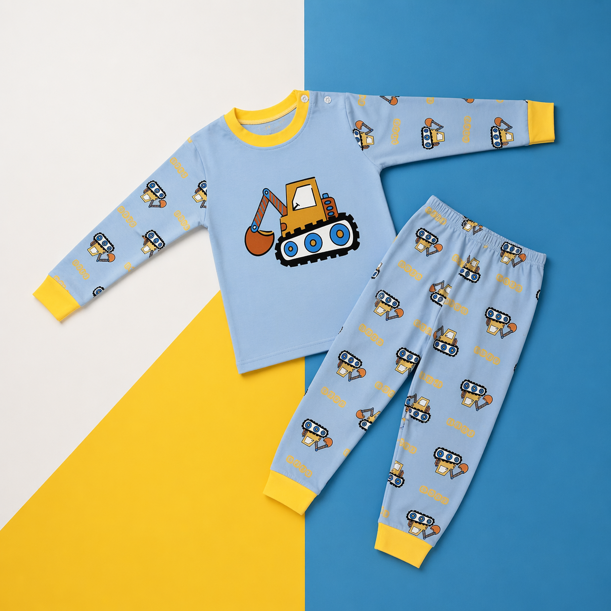 Construction Excavator Print Baby Co-ord Set – Soft Cotton Full Sleeve T-shirt & Pyjama Set