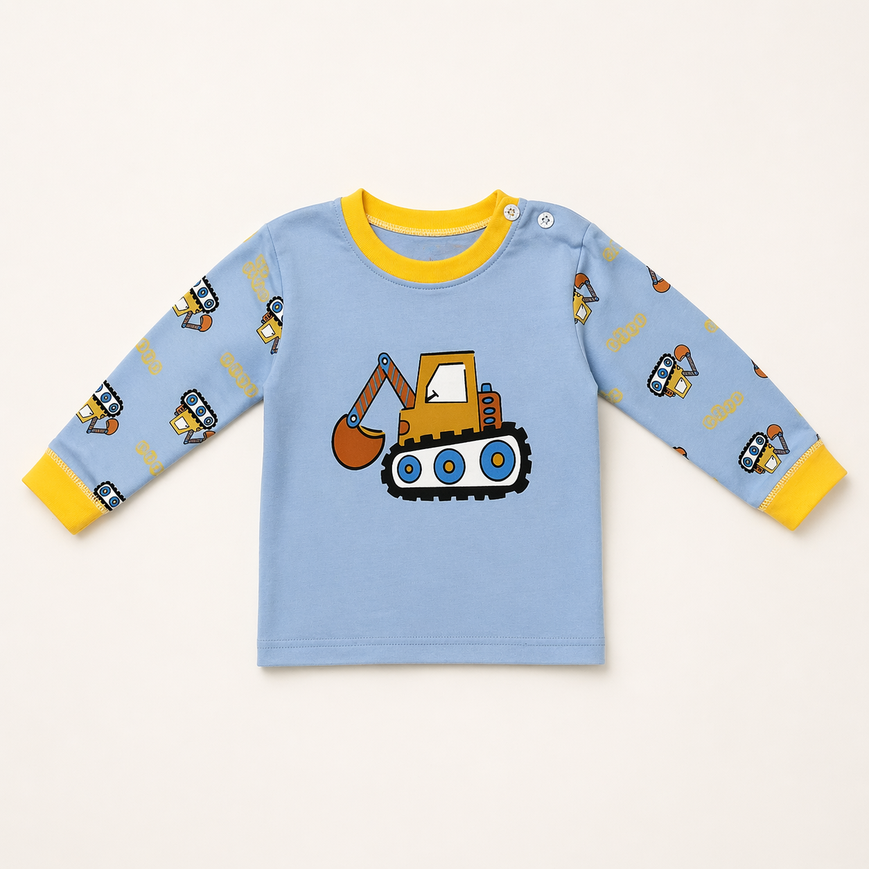 Construction Excavator Print Baby Co-ord Set – Soft Cotton Full Sleeve T-shirt & Pyjama Set