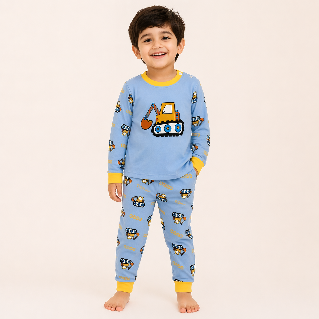 Construction Excavator Print Baby Co-ord Set – Soft Cotton Full Sleeve T-shirt & Pyjama Set