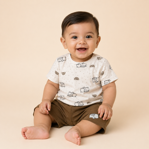 Baby Hippo Print Co-ord Set – Soft Cotton T-shirt & Shorts Set