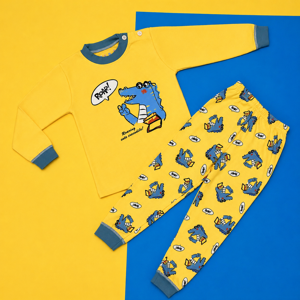 Kids Cotton Full Sleeve Night Suit Set – Roar Dinosaur Print T-Shirt & Pajama Set