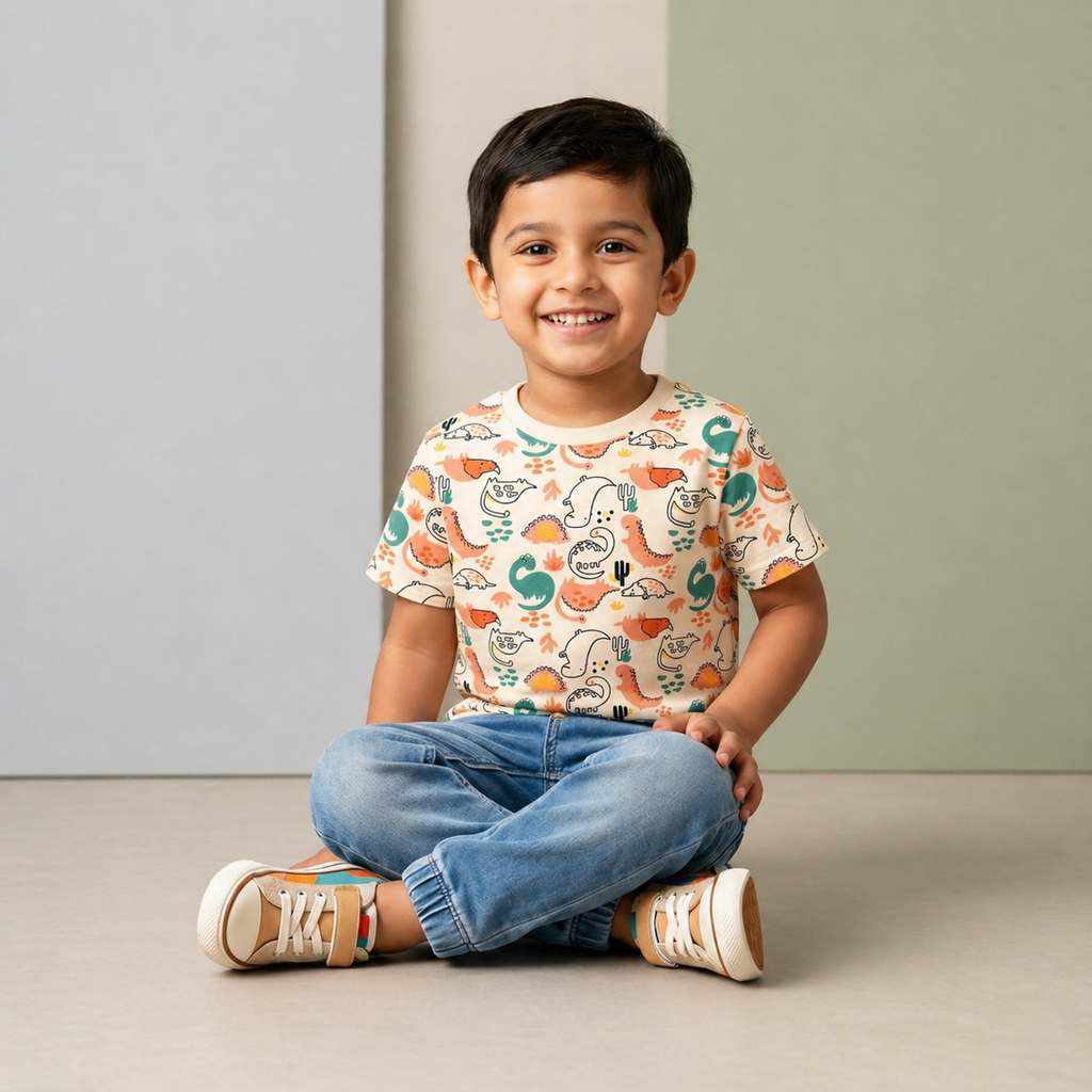 Kids Dinosaur Print T-Shirt – Soft Cotton Half Sleeve Tee
