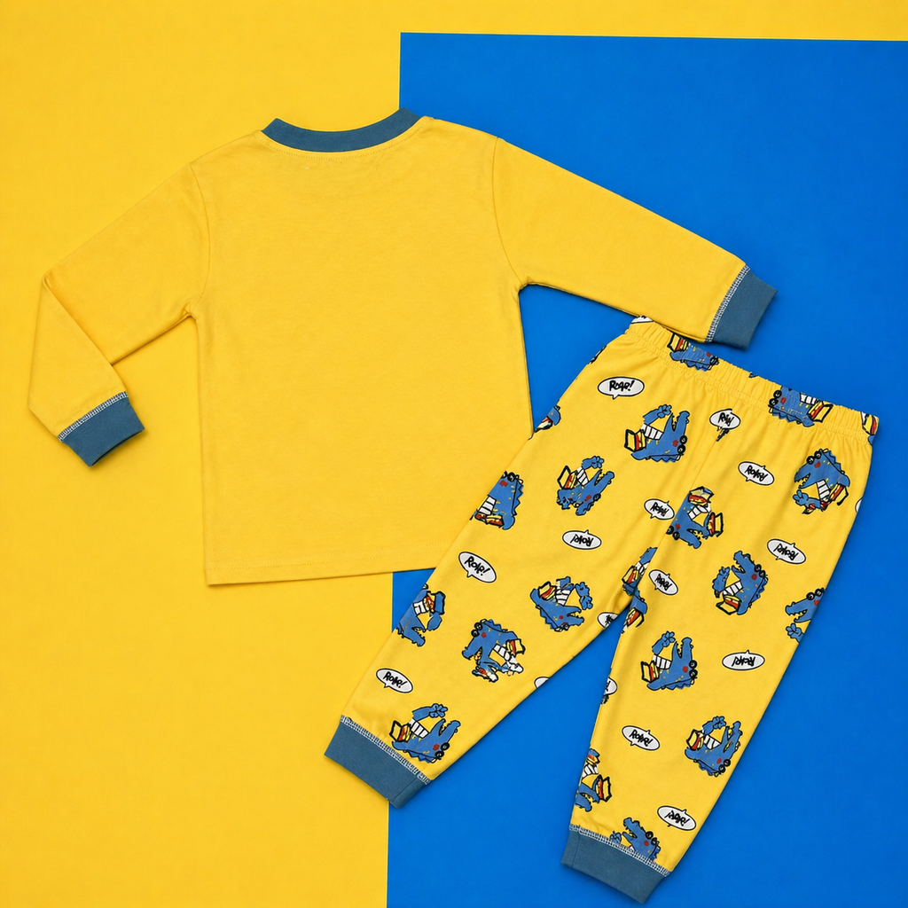 Kids Cotton Full Sleeve Night Suit Set – Roar Dinosaur Print T-Shirt & Pajama Set