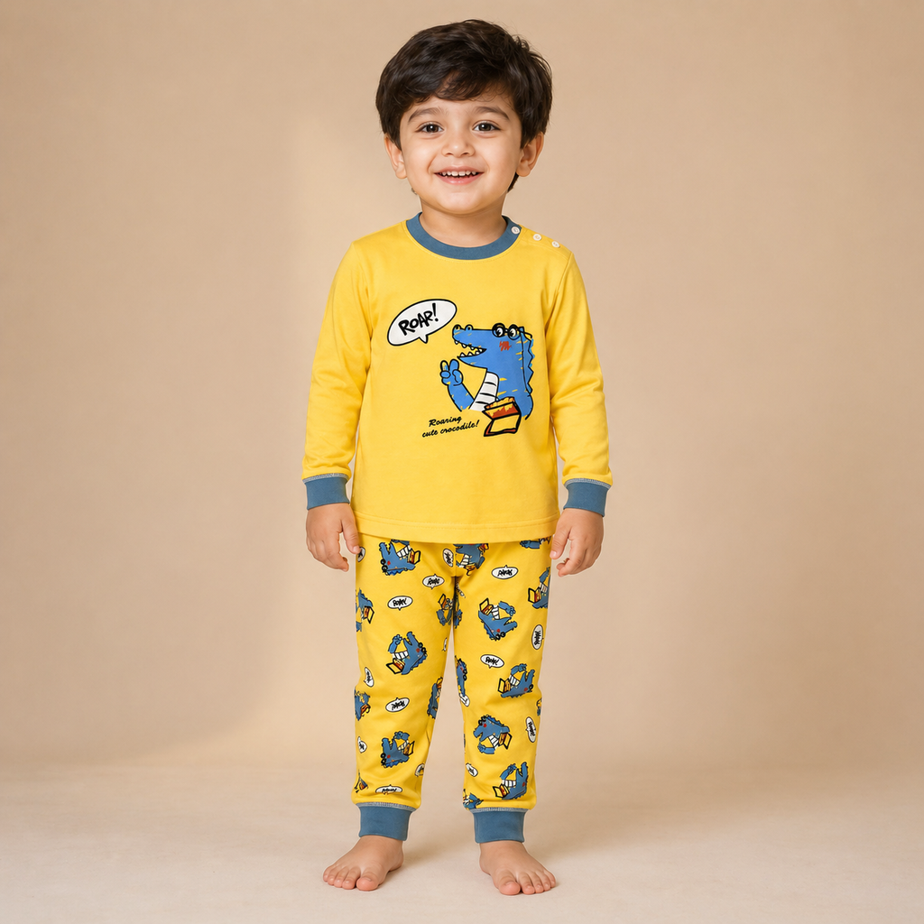 Kids Cotton Full Sleeve Night Suit Set – Roar Dinosaur Print T-Shirt & Pajama Set