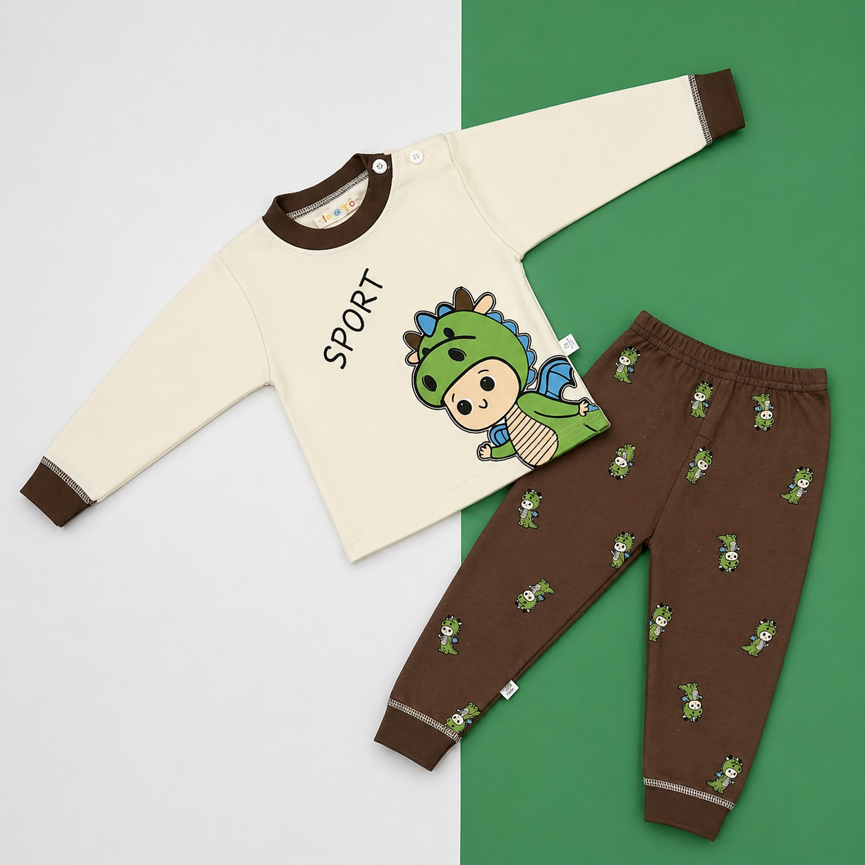 Kids Cotton Full Sleeve Night Suit Set – Dinosaur Print T-Shirt & Pajama Set