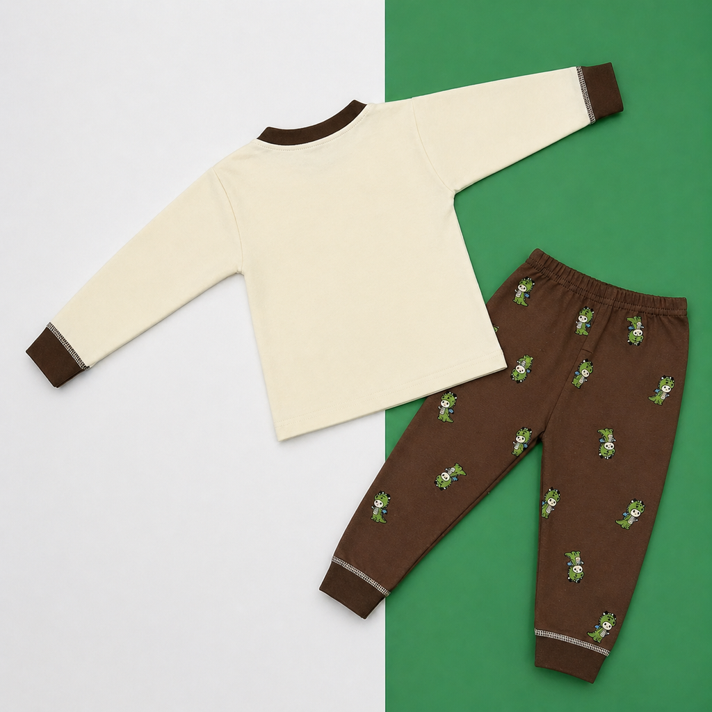 Kids Cotton Full Sleeve Night Suit Set – Dinosaur Print T-Shirt & Pajama Set