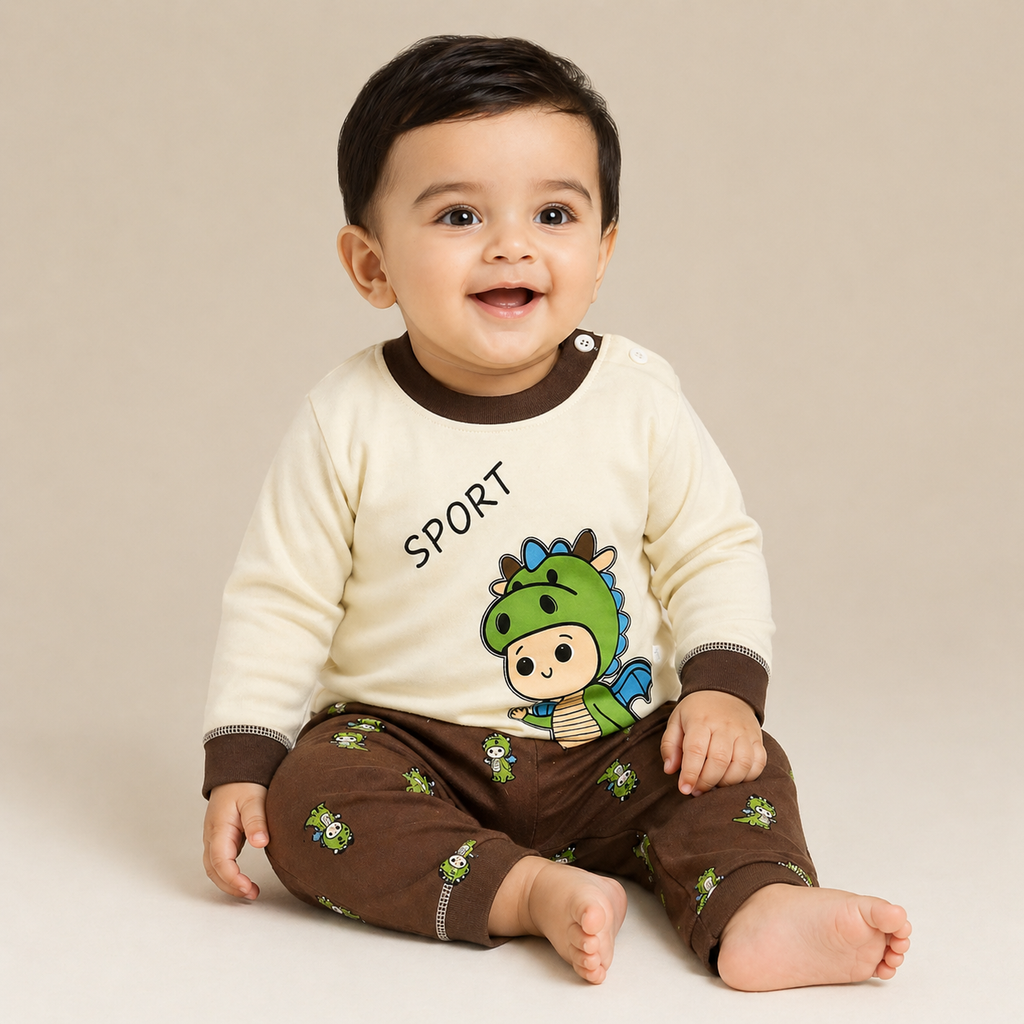 Kids Cotton Full Sleeve Night Suit Set – Dinosaur Print T-Shirt & Pajama Set