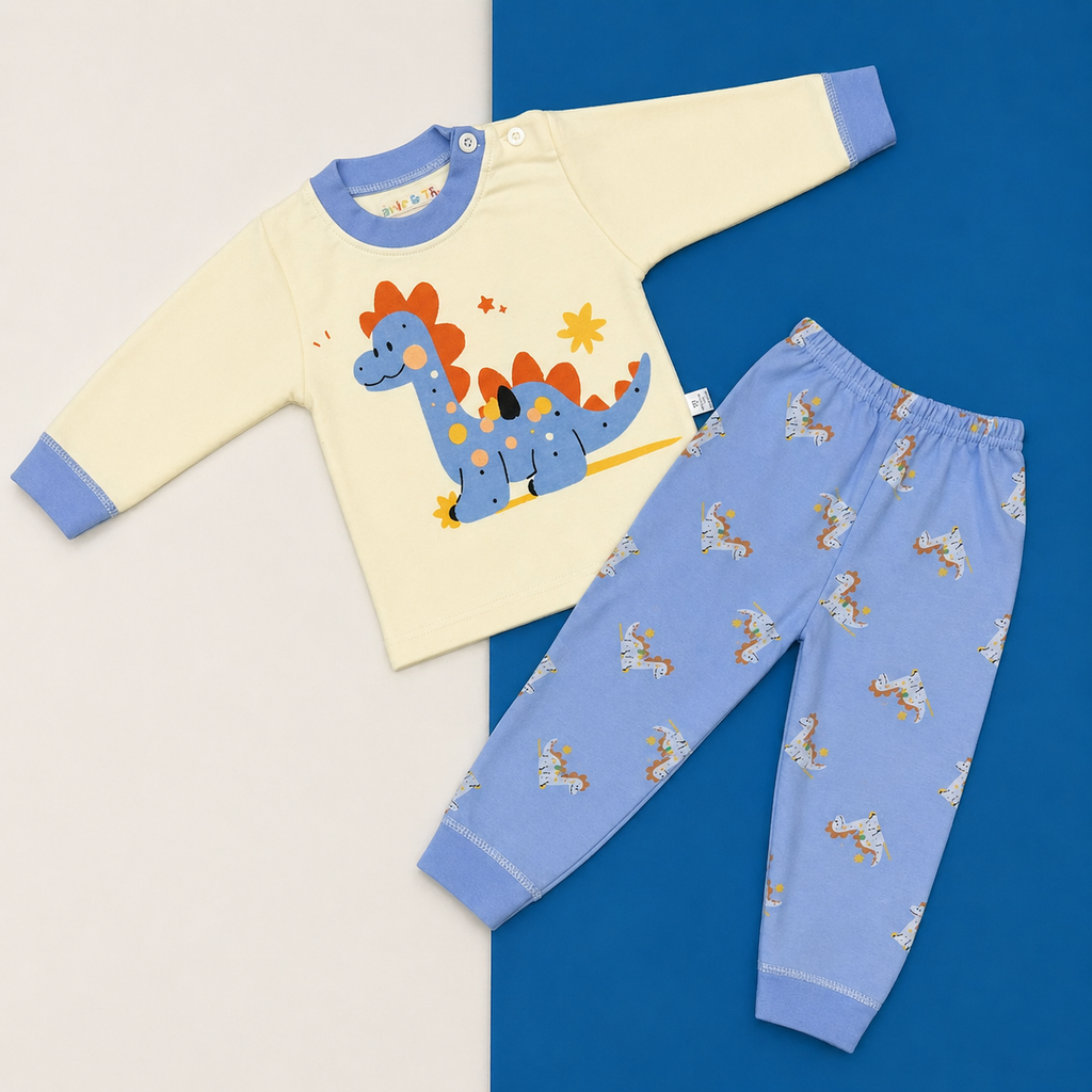 Kids Cotton Full Sleeve Night Suit Set – Cute Dinosaur Print T-Shirt & Pajama Set