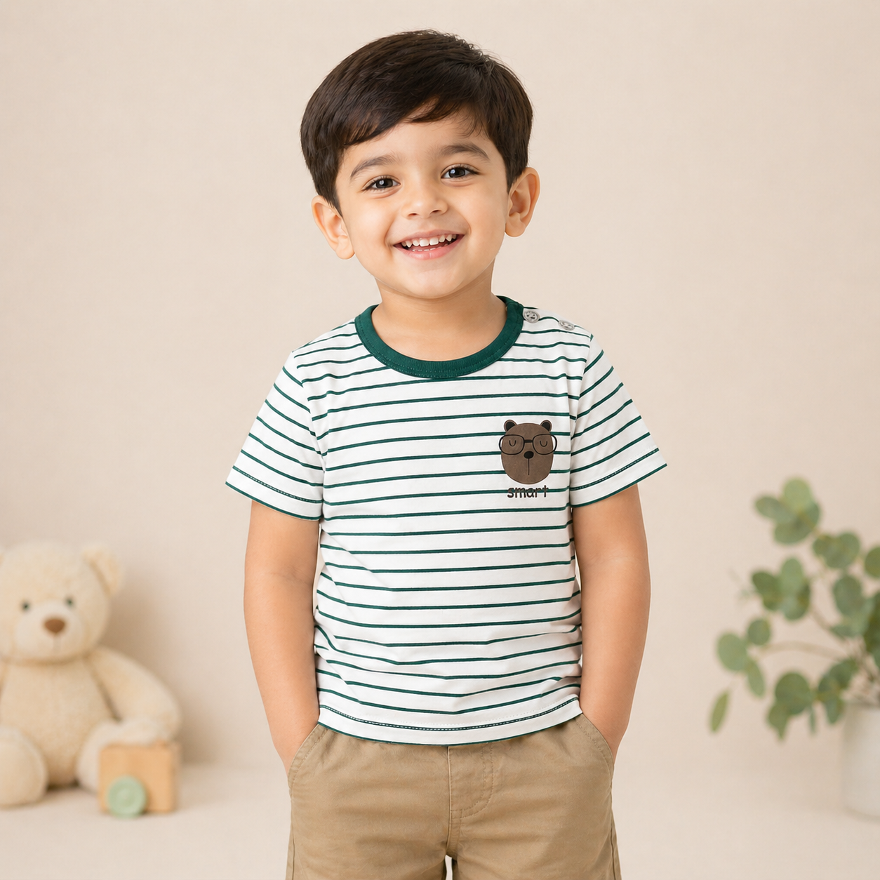 Kids Striped Bear Print T-Shirt – Soft Cotton Half Sleeve Tee “Smart Bear”