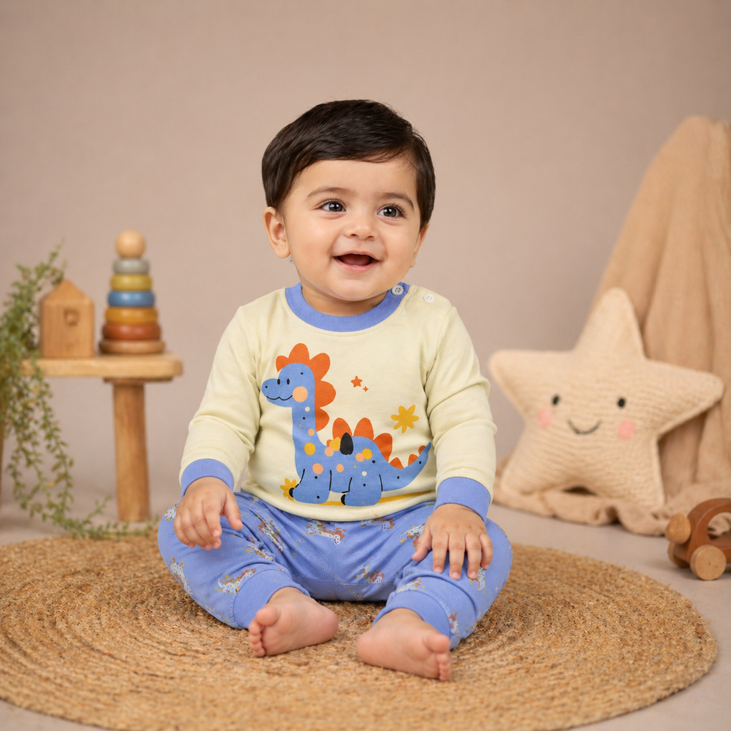 Kids Cotton Full Sleeve Night Suit Set – Cute Dinosaur Print T-Shirt & Pajama Set