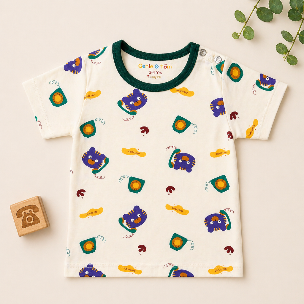 Kids Printed Cotton T-Shirt – Cute Bear & Toy Telephone Print Half Sleeve Tee