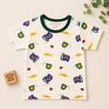Kids Printed Cotton T-Shirt – Cute Bear & Toy Telephone Print Half Sleeve Tee