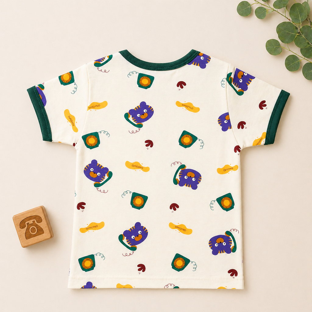 Kids Printed Cotton T-Shirt – Cute Bear & Toy Telephone Print Half Sleeve Tee