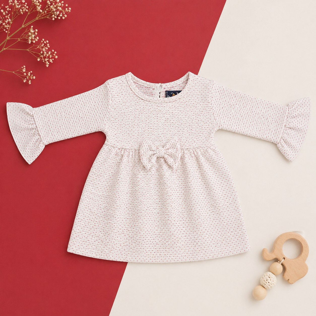 Baby Girls Cotton Dress – Polka Dot Flared Dress with Bow Detail & Bell Sleeves