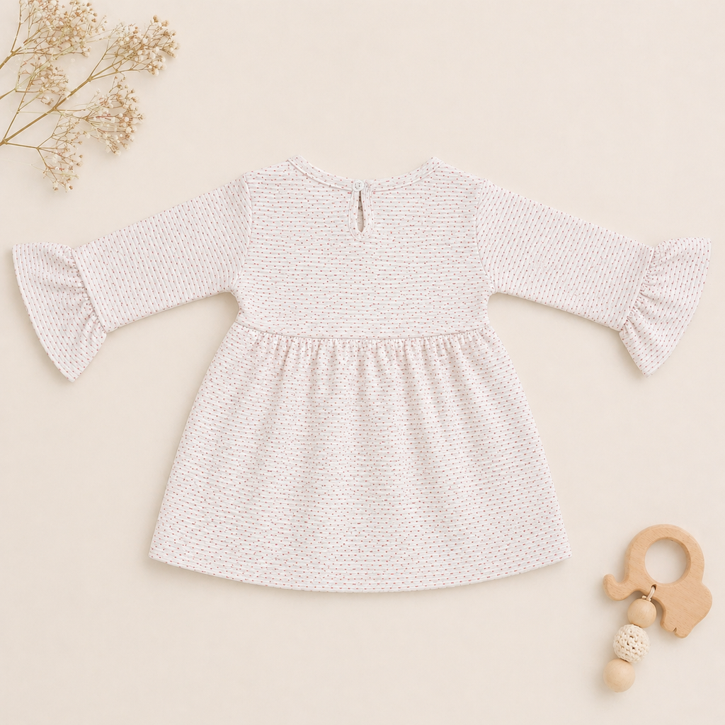 Baby Girls Cotton Dress – Polka Dot Flared Dress with Bow Detail & Bell Sleeves