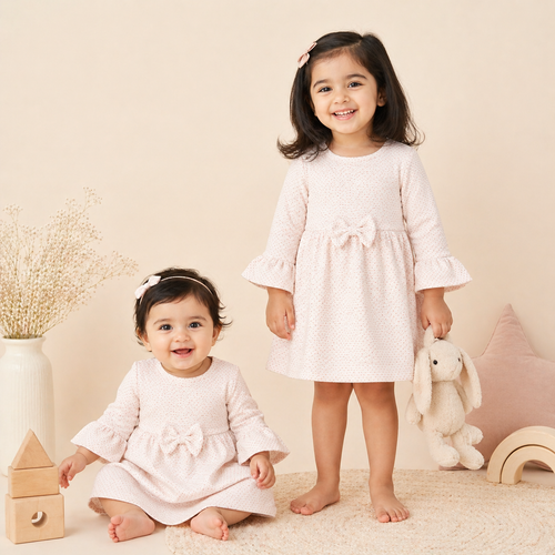 Baby Girls Cotton Dress – Polka Dot Flared Dress with Bow Detail & Bell Sleeves