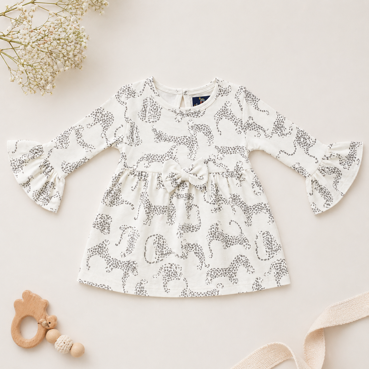 Baby Girls Cotton Dress – Leopard Print Flared Dress with Bow Detail & Bell Sleeves