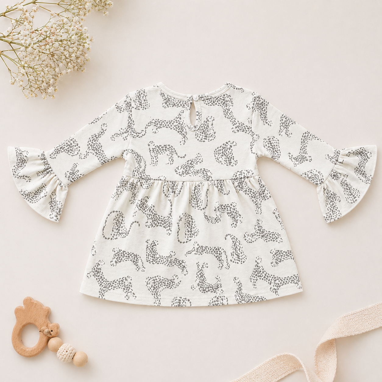 Baby Girls Cotton Dress – Leopard Print Flared Dress with Bow Detail & Bell Sleeves