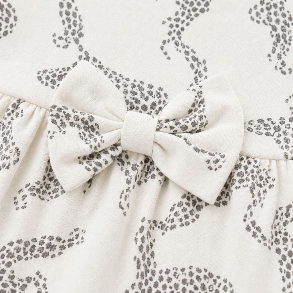 Baby Girls Cotton Dress – Leopard Print Flared Dress with Bow Detail & Bell Sleeves
