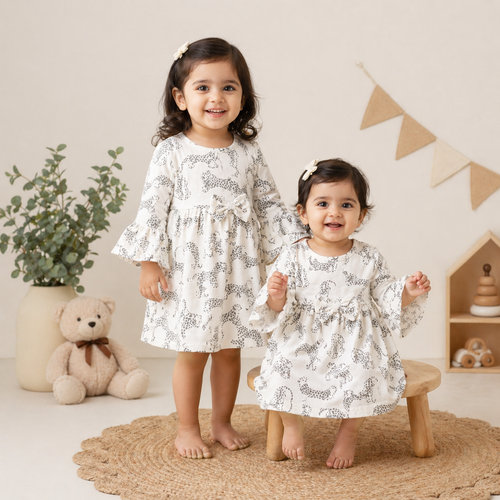 Baby Girls Cotton Dress – Leopard Print Flared Dress with Bow Detail & Bell Sleeves