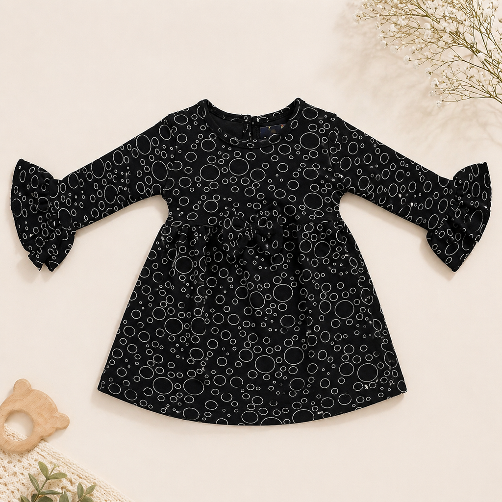 Baby Girls Black Cotton Dress – Bubble Print Flared Dress with Bow Detail & Bell Sleeves