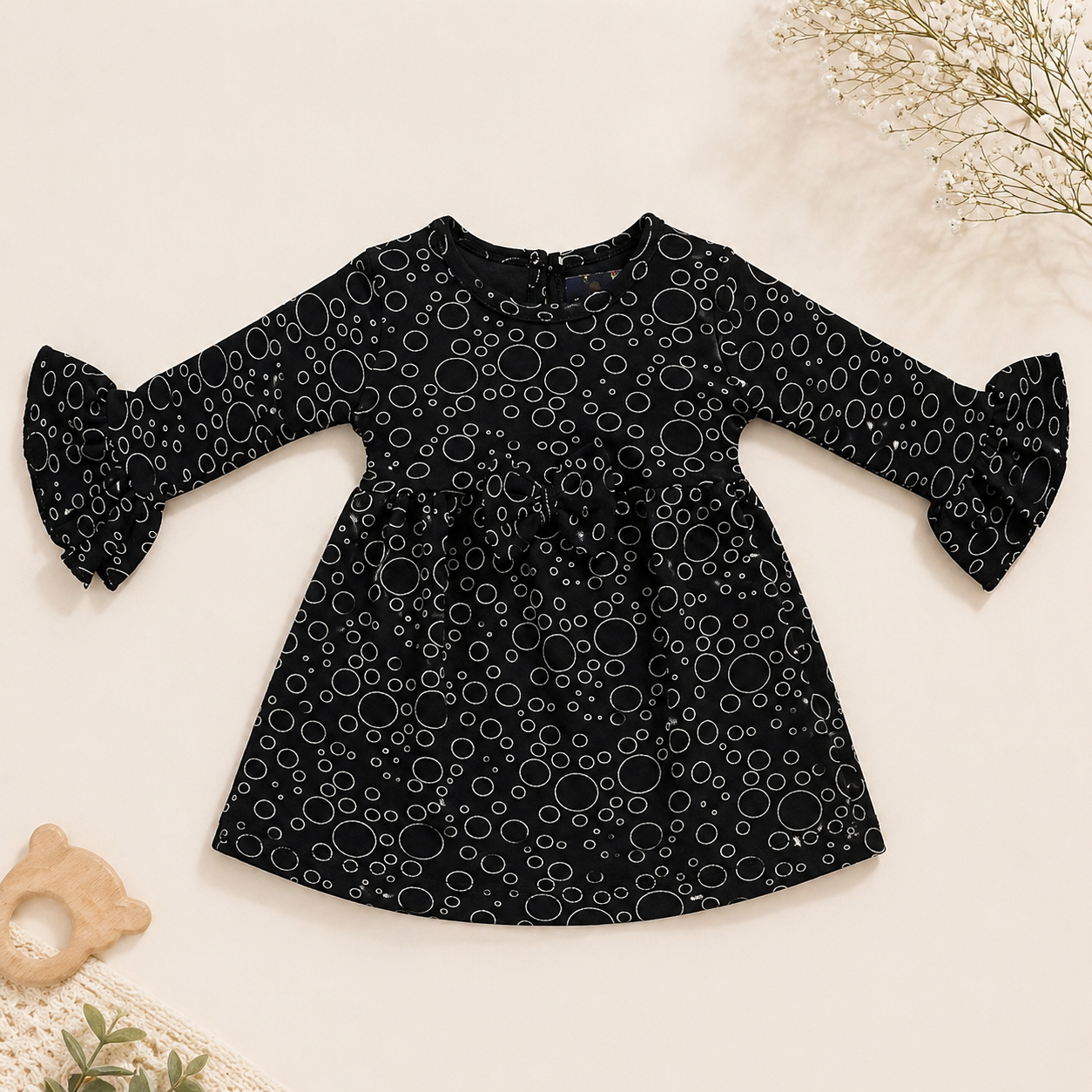 Baby Girls Black Cotton Dress – Bubble Print Flared Dress with Bow Detail & Bell Sleeves