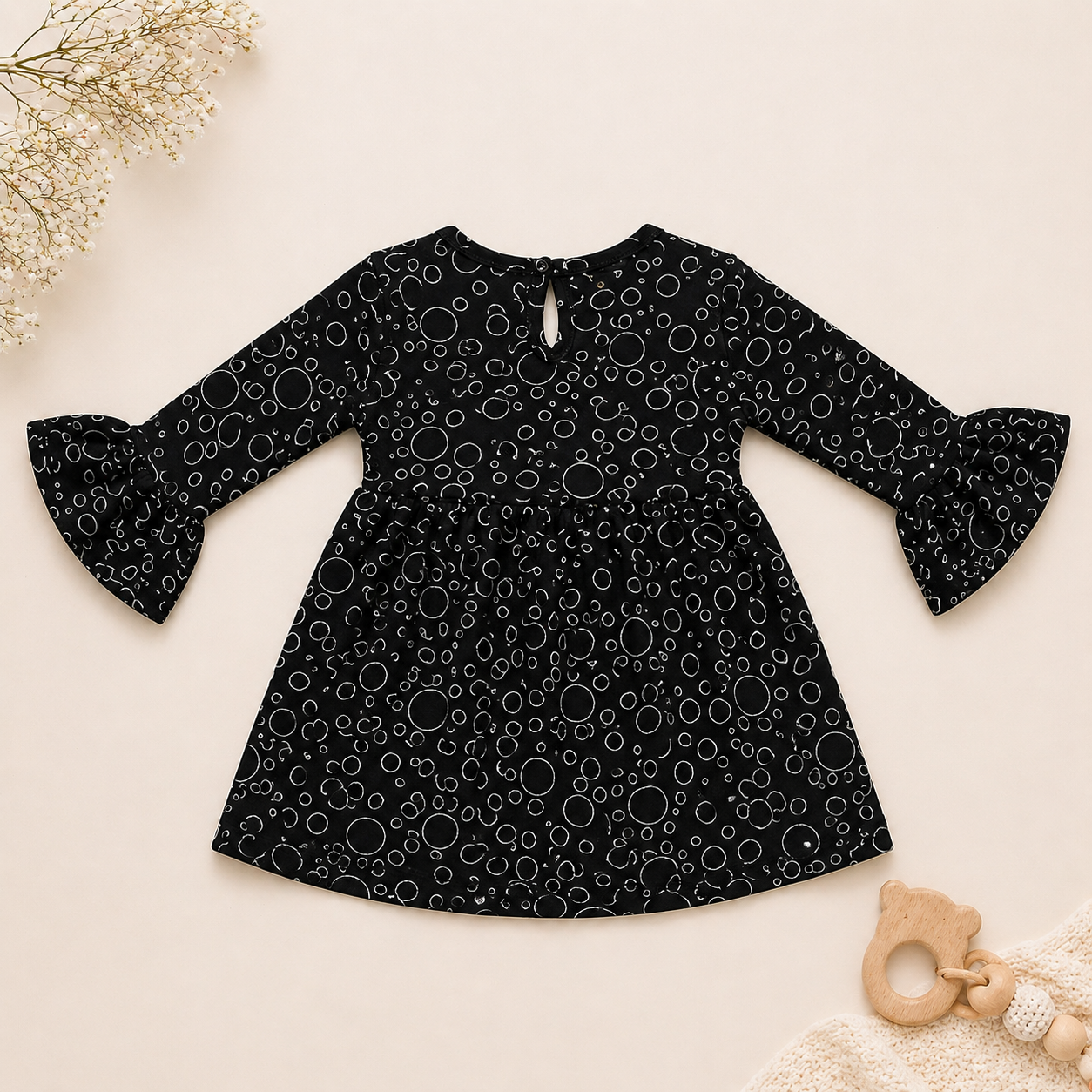 Baby Girls Black Cotton Dress – Bubble Print Flared Dress with Bow Detail & Bell Sleeves