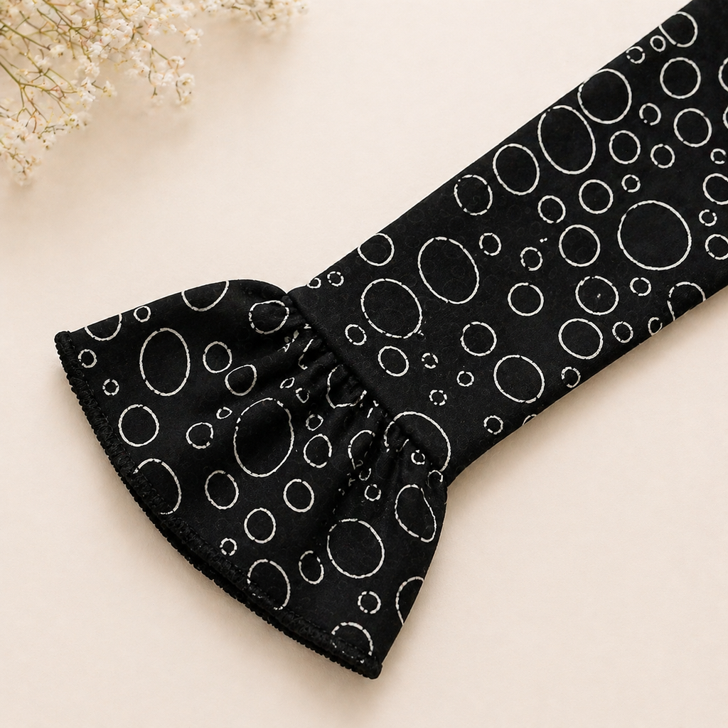 Baby Girls Black Cotton Dress – Bubble Print Flared Dress with Bow Detail & Bell Sleeves