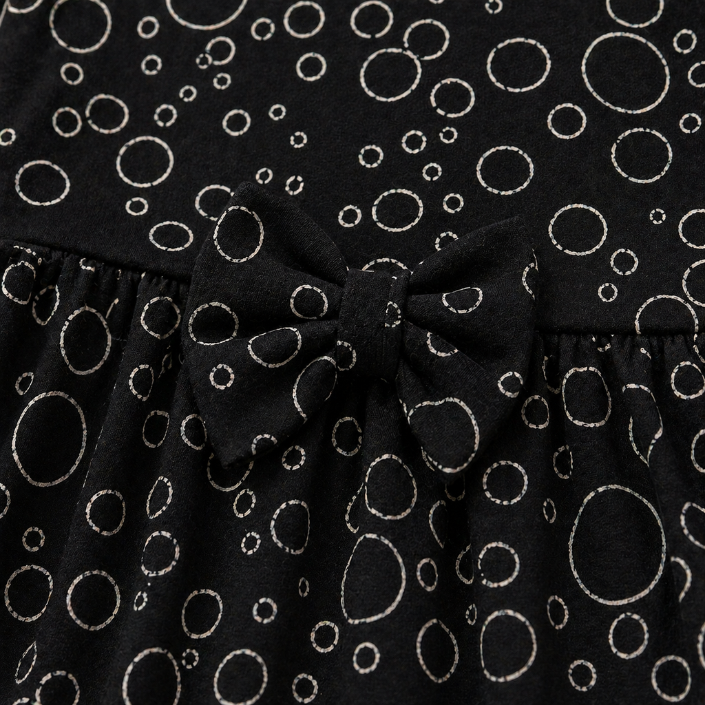 Baby Girls Black Cotton Dress – Bubble Print Flared Dress with Bow Detail & Bell Sleeves