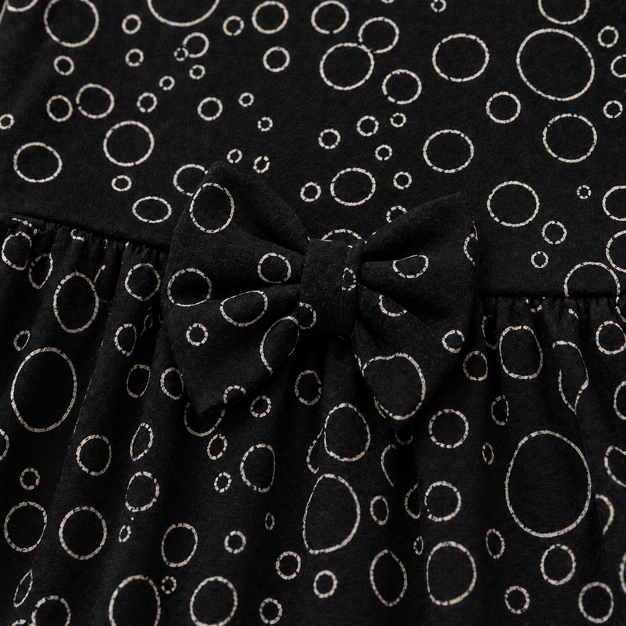 Baby Girls Black Cotton Dress – Bubble Print Flared Dress with Bow Detail & Bell Sleeves