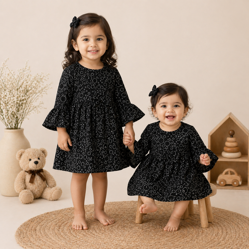 Baby Girls Black Cotton Dress – Bubble Print Flared Dress with Bow Detail & Bell Sleeves