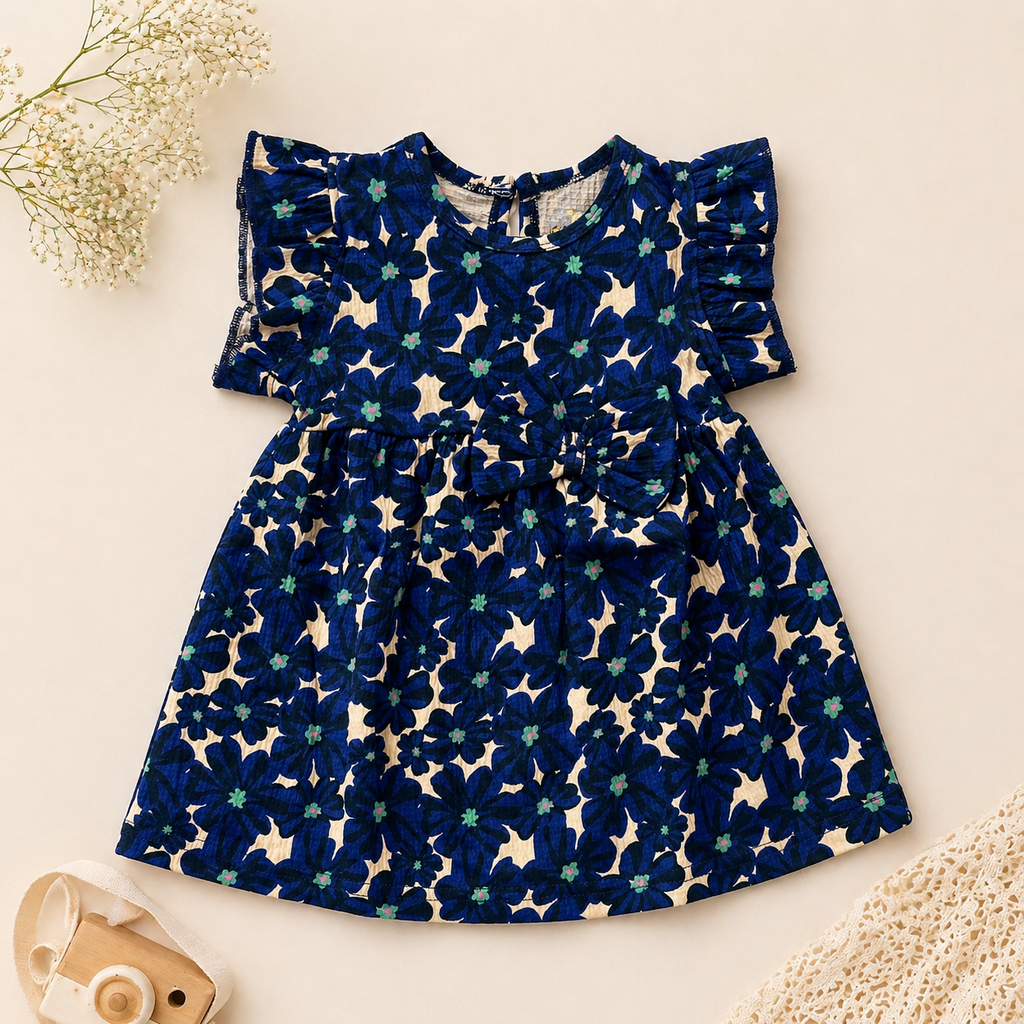 Baby Girls Cotton Dress – Navy Blue Floral Print Dress with Bow & Ruffle Sleeves