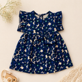 Baby Girls Cotton Dress – Navy Blue Floral Print Dress with Bow & Ruffle Sleeves