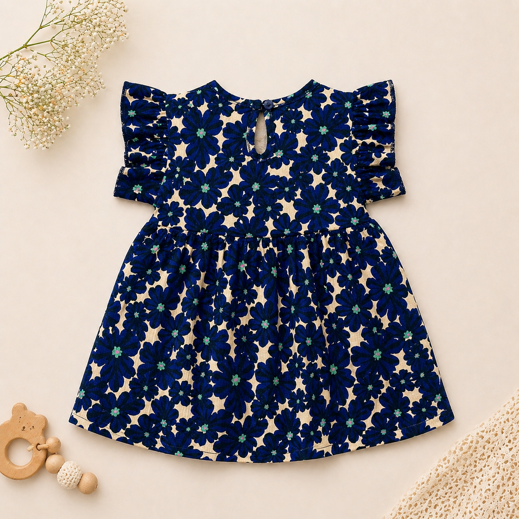 Baby Girls Cotton Dress – Navy Blue Floral Print Dress with Bow & Ruffle Sleeves