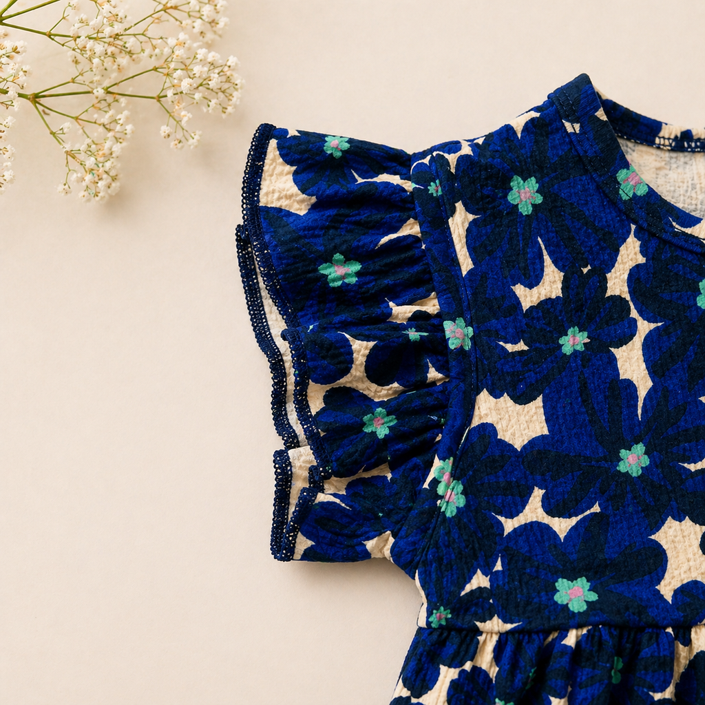 Baby Girls Cotton Dress – Navy Blue Floral Print Dress with Bow & Ruffle Sleeves