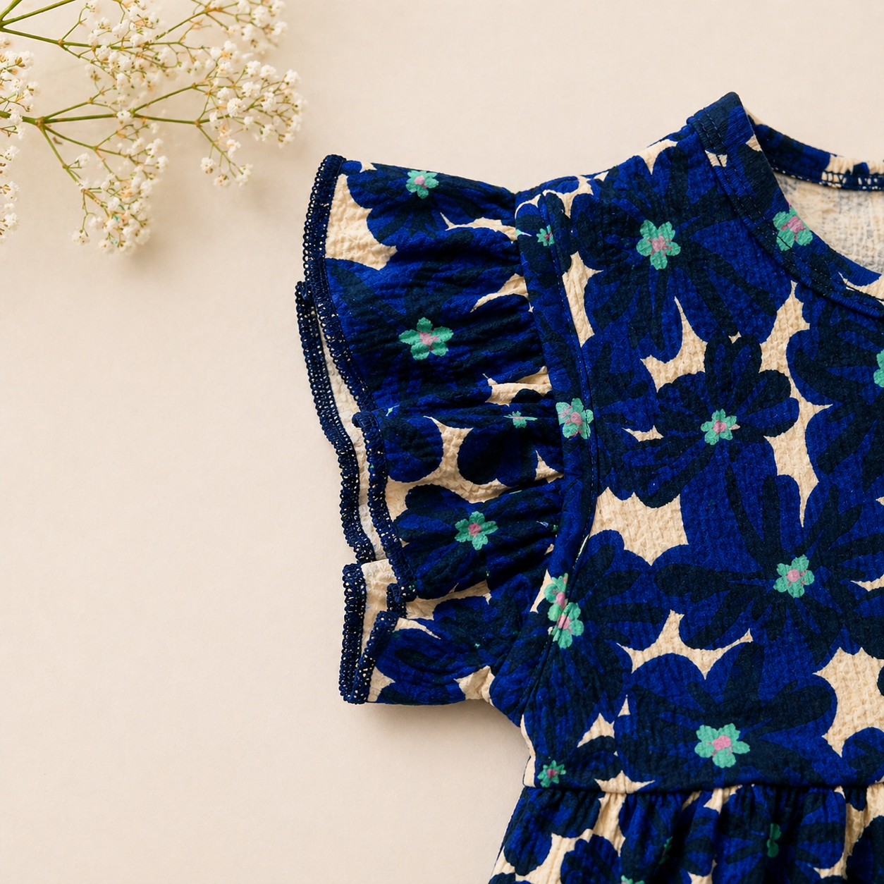 Baby Girls Cotton Dress – Navy Blue Floral Print Dress with Bow & Ruffle Sleeves