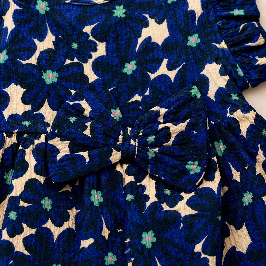 Baby Girls Cotton Dress – Navy Blue Floral Print Dress with Bow & Ruffle Sleeves