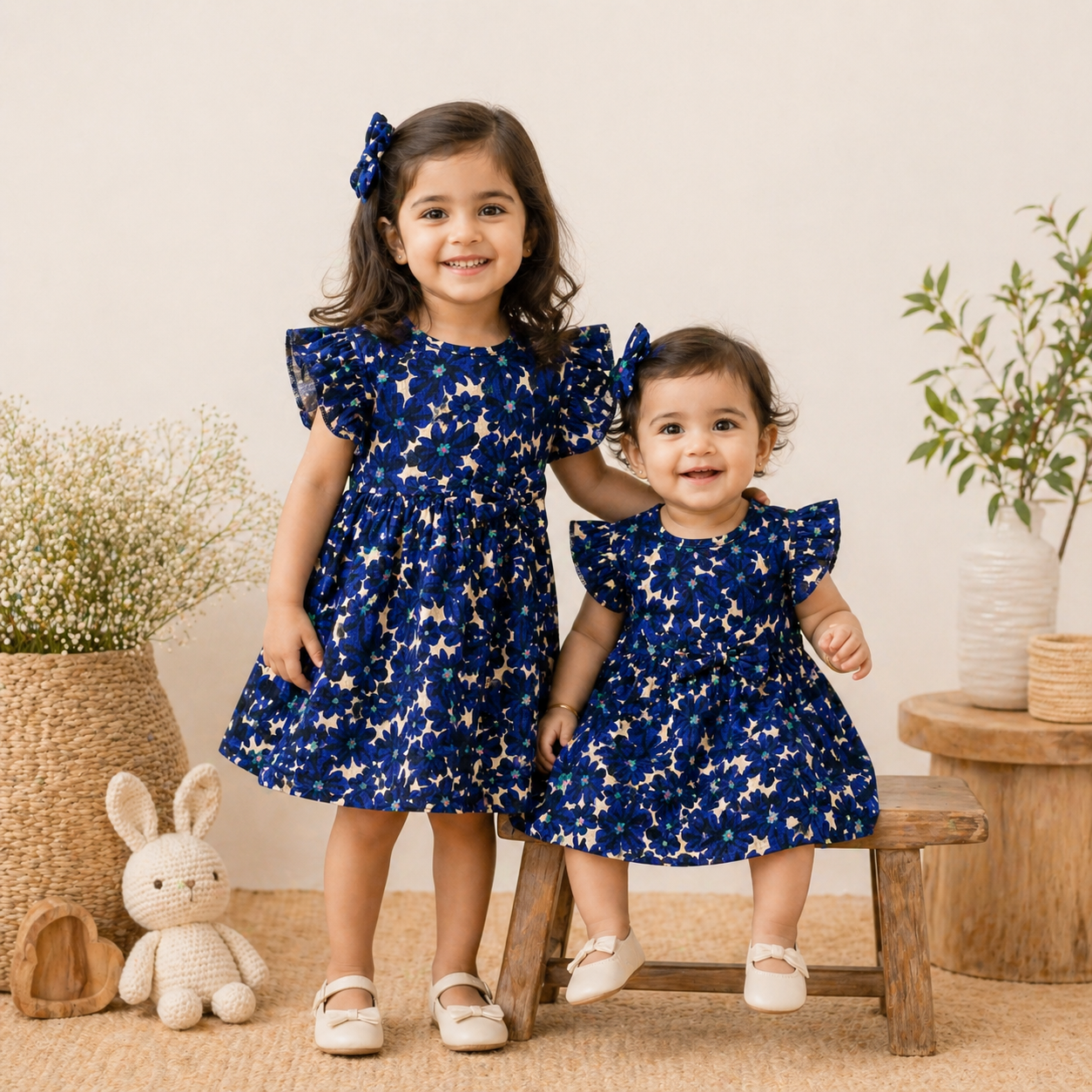 Baby Girls Cotton Dress – Navy Blue Floral Print Dress with Bow & Ruffle Sleeves