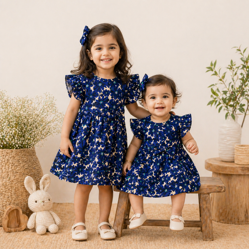Baby Girls Cotton Dress – Navy Blue Floral Print Dress with Bow & Ruffle Sleeves
