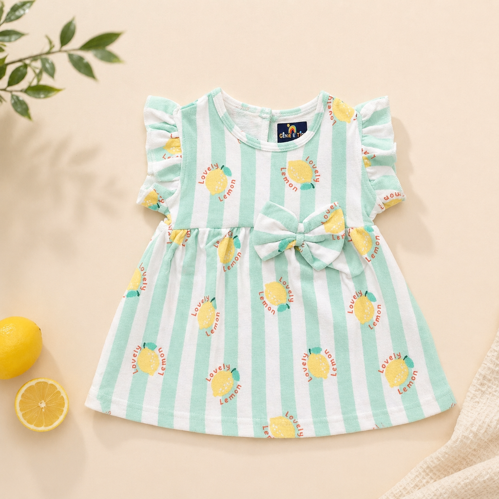 Baby Girls Cotton Dress – Mint Striped Lemon Print Dress with Bow & Ruffle Sleeves