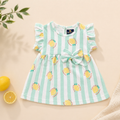 Baby Girls Cotton Dress – Mint Striped Lemon Print Dress with Bow & Ruffle Sleeves