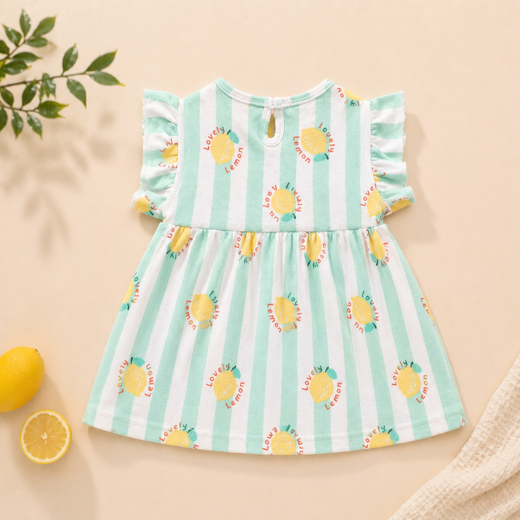 Baby Girls Cotton Dress – Mint Striped Lemon Print Dress with Bow & Ruffle Sleeves